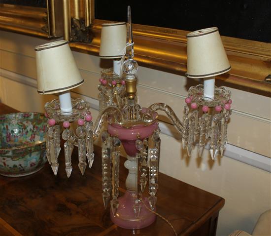 A pair of pink and white gilt decorated glass table lustres, total height 52cm